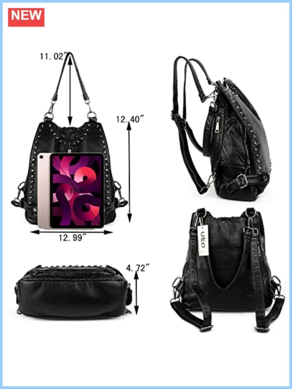 Faux Leather Rivet Studded Backpack Purse Convertible Rucksack Shoulder Bag w/